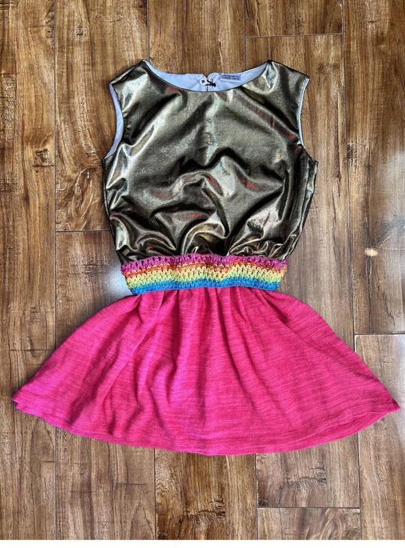 Gold rainbow dress, flat