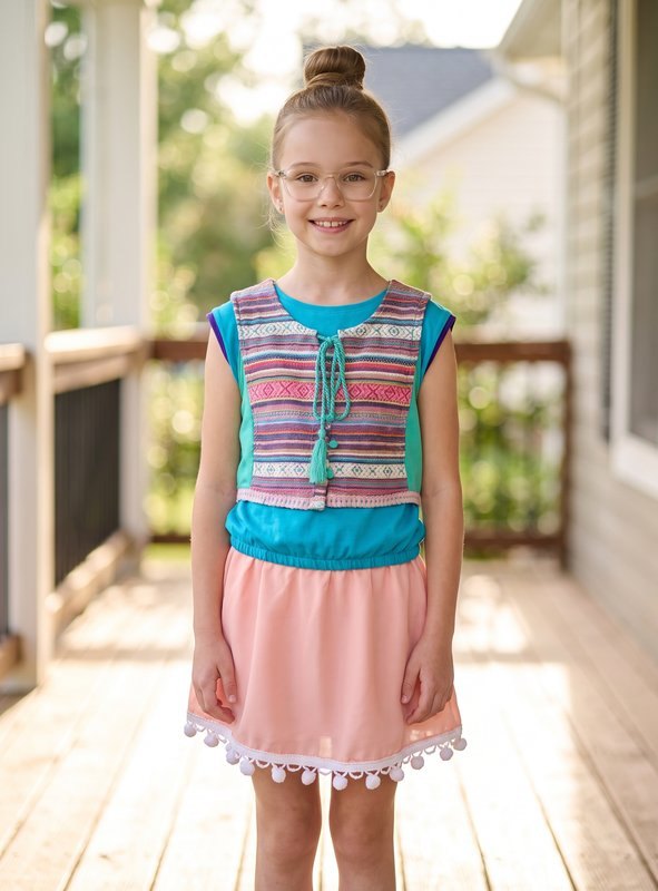 Pom-pom skirt set, shown on a model